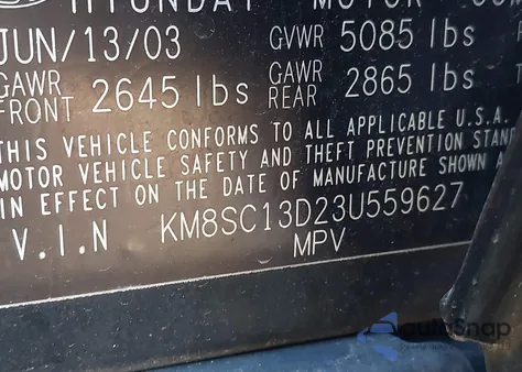 2003 Hyundai Santa Fe Gls/Lx from USA, damaged, VIN KM8SC13D23U559627